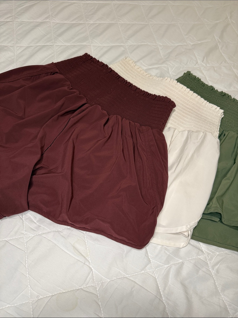 aerie 3 pack Smocked-Waist Shorts - Burgundy, Cream, Olive